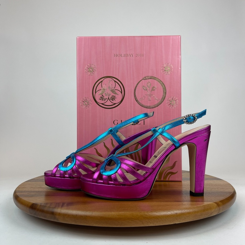 Womens Gucci Holiday 2018 Crystal Zephyra Platform Metallic Heels Size 39 US 9 - Picture 2 of 16